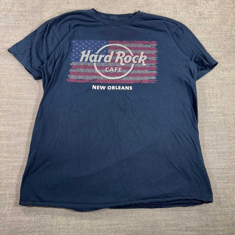 Hard Rock Cafe T-Shirt Mens Large Navy Blue Excellent New Orleans Flag Graphic